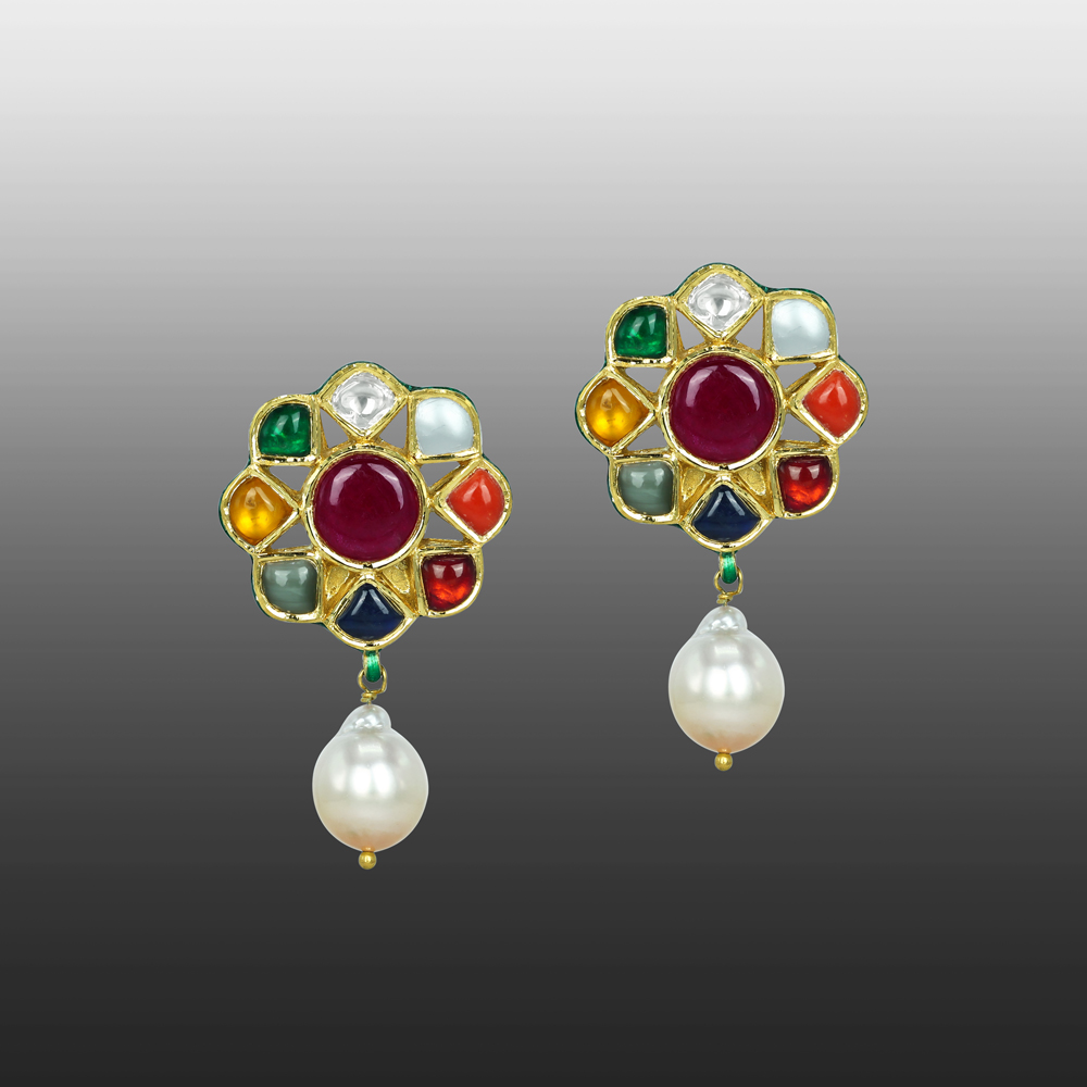 Navaratna Earrings with Ruby Center and Pearl Drop